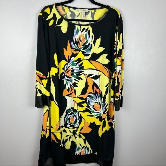 Dressbarn Floral Long Sleeves Pleather Bands Shift Dress Size 18 Black Yellow - Picture 2 of 13